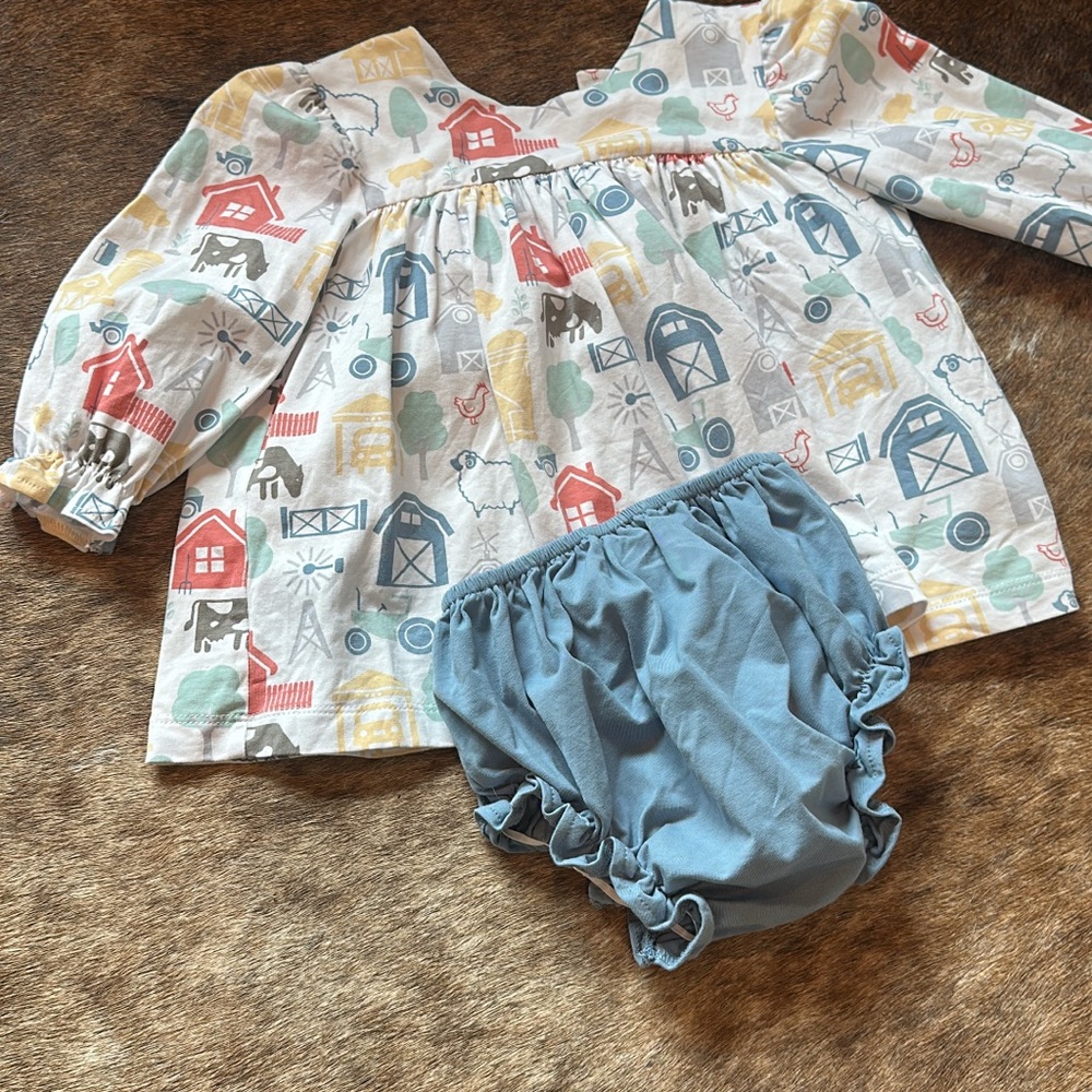 BANANA SPLIT Farmhouse Print Kids Top and Blue Bloomers Set